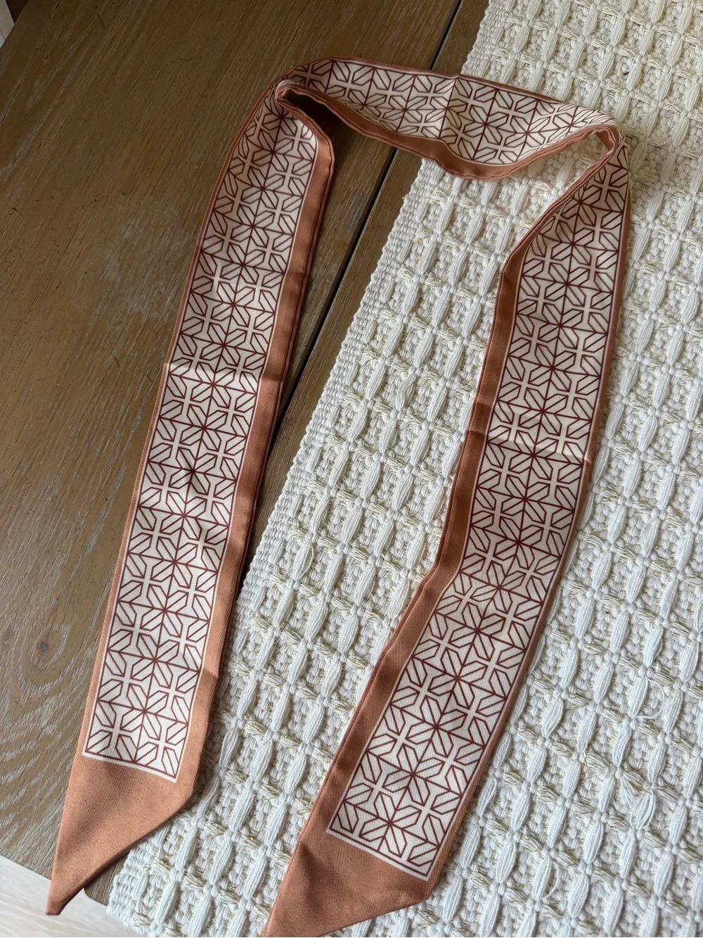 Silk Skinny Scarf in Tan and Cream with Geometric Stripe